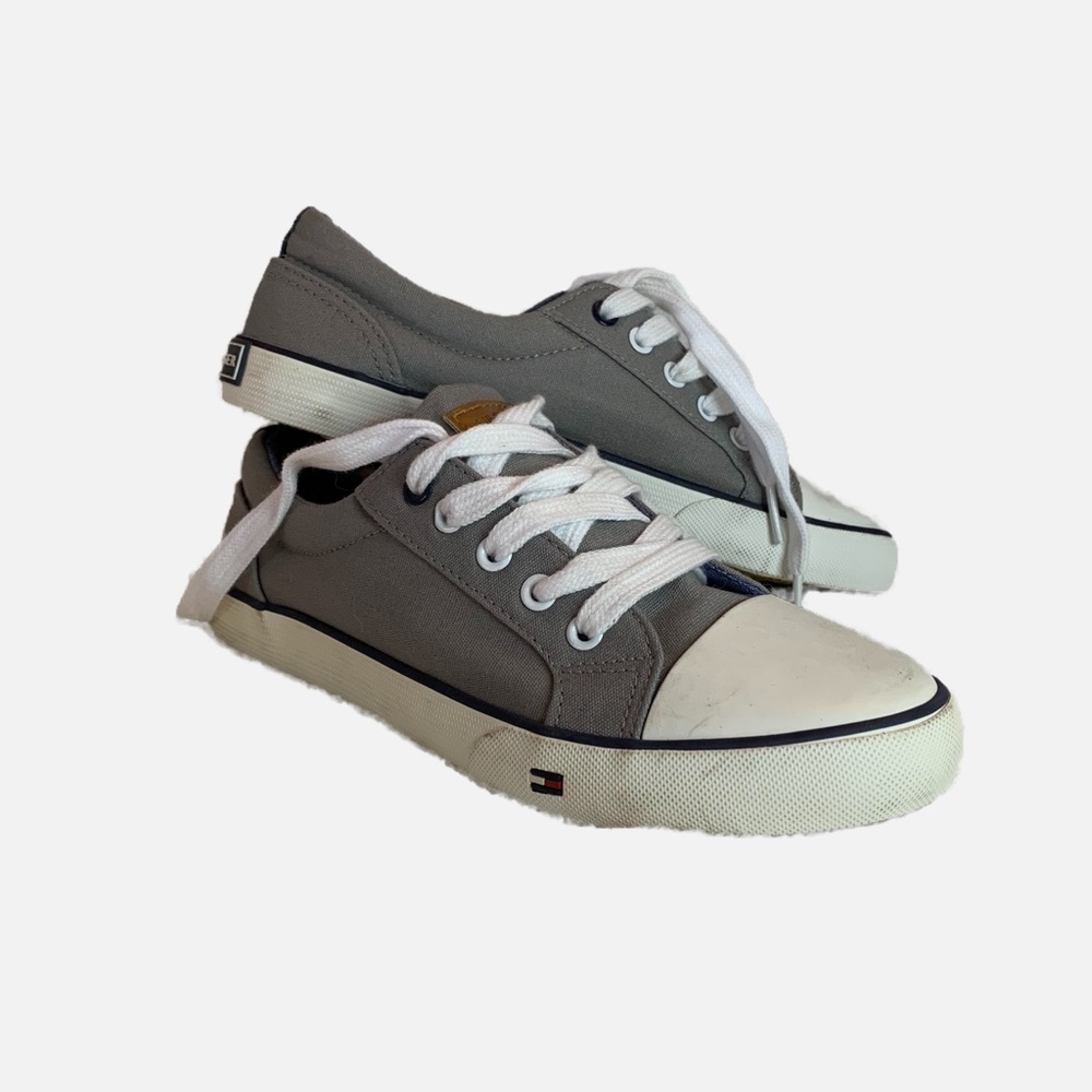 Tommy Hilfiger tennis shoes.  Grey and white. Size 3.  Pre-owned.